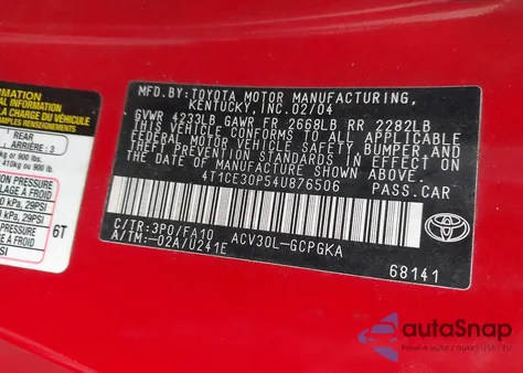 2004 Toyota Camry Solara Sle из США, поврежденный, VIN 4T1CE30P54U876506